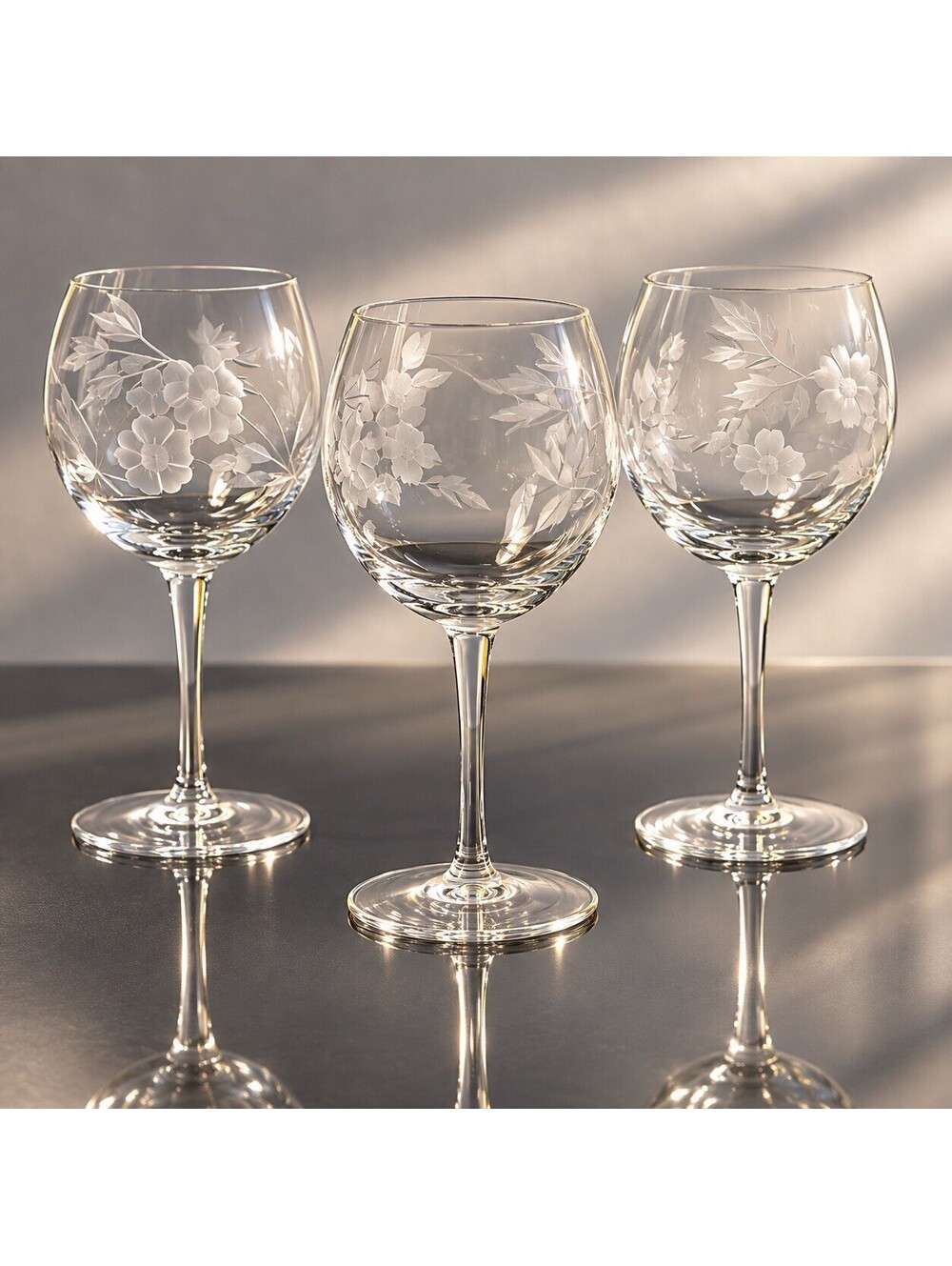 NWOT Colony Romania 1980s Set Of 3 Wine Glasses Danube Etched Crystal, 2.5x6.25"
